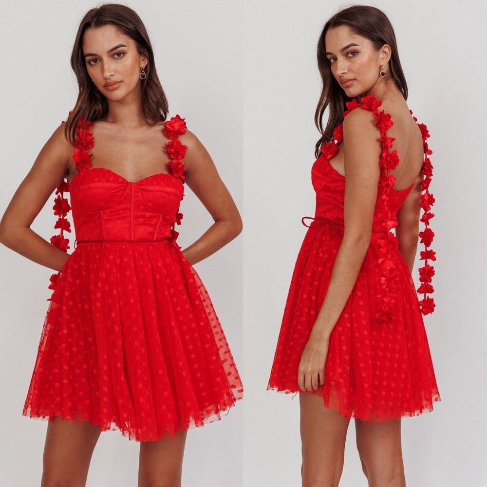 Selfie Leslie Fairytale Dream Floral Strap Mini Red Dress XS Wedding Party